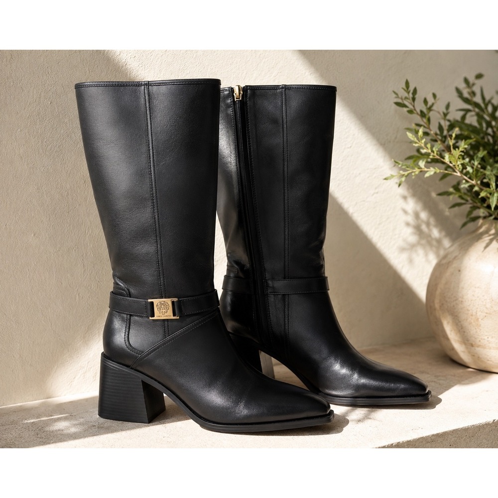 Vince Camuto Black Leather Mid-Calf Block Heel Boots